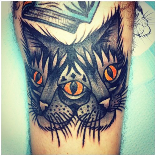 Classic Grey Ink Cat Head Tattoo