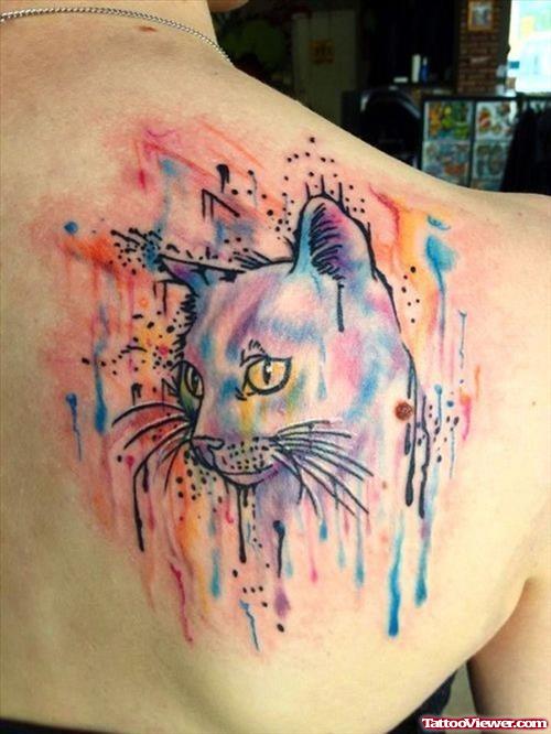 Watercolor cat  tattoo on upper back