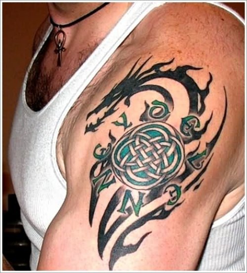 Tribal Celtic Dragon Tattoo On Left Shoulder
