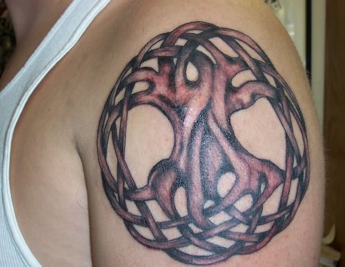 Man Left Shoulder Grey Ink Celtic Tree Tattoo