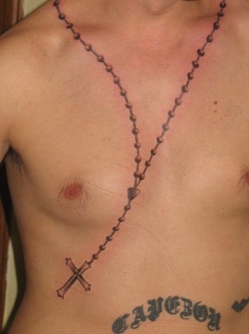 Cross Chain Tattoo On Man Chest