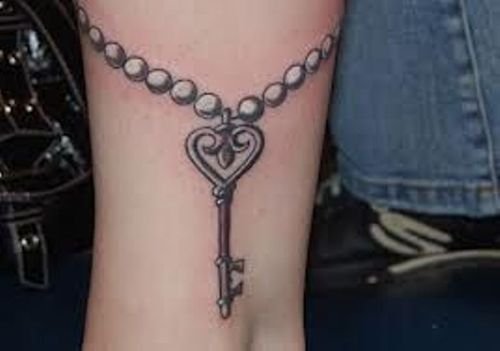 Heart Key With Chain Tattoo On Leg