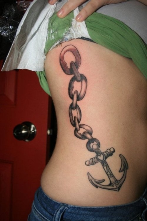 Anchor And Chain Tattoo On Girl Rib Side