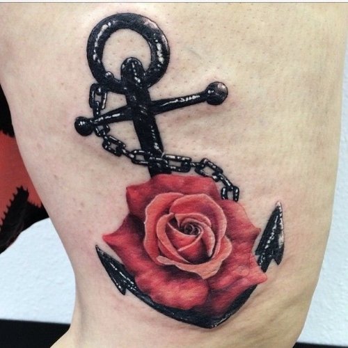Red Rose With Anchor And Chain Tattoo