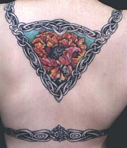 Color Flowers And Celtic Chain Tattoo