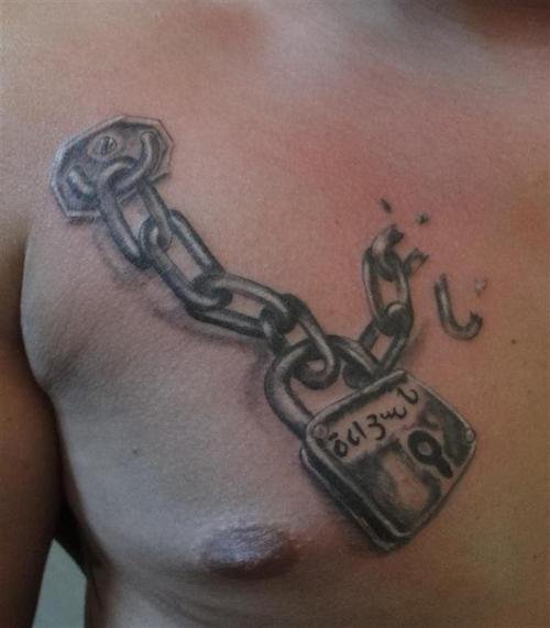 Man Chest Lock Chain Tattoo