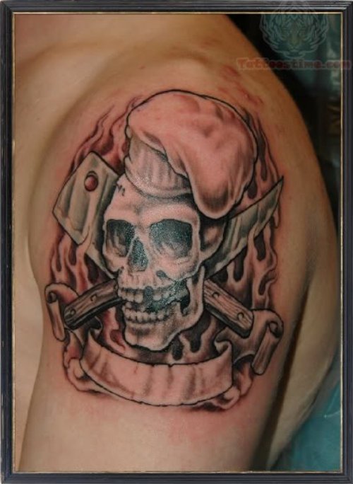 Danger Chef Skull Tattoo On Shoulder