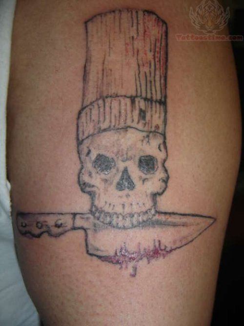 Chef Skull And Knife Tattoo On Bicep