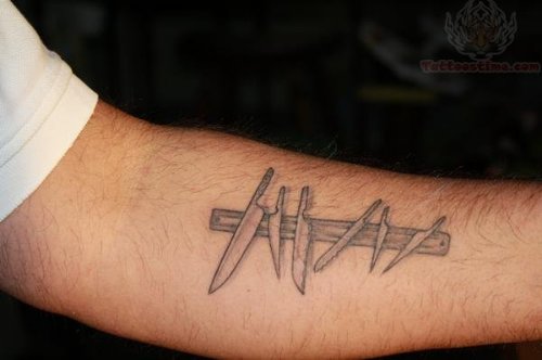 Grey Ink Chef Knife Tattoos On Arm