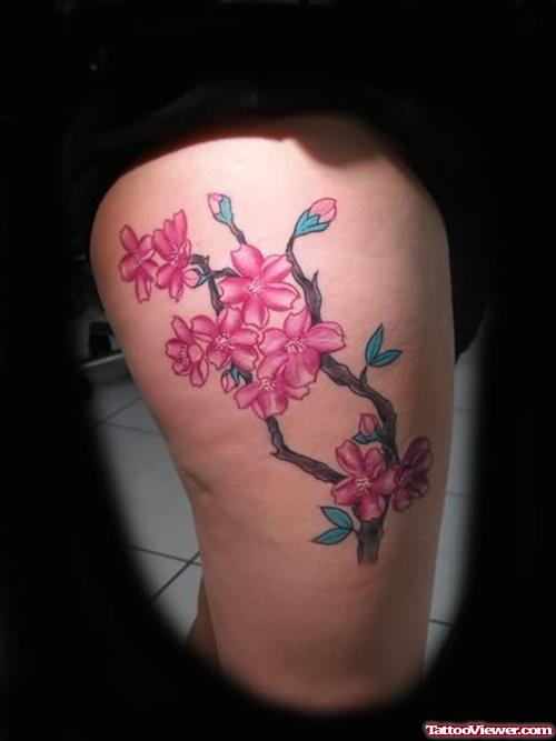 Cherry Blossom Flower Tattoo On Thigh