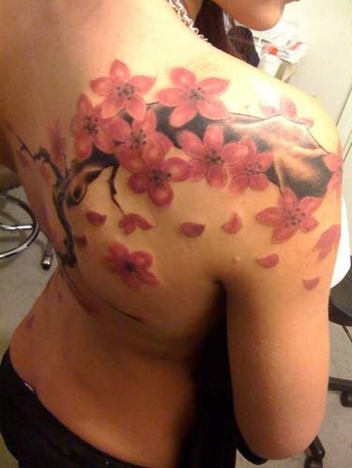 Cherry Blossom Tattoo On Upper Shoulders