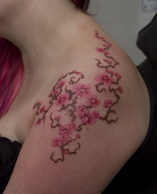 Cherry Blossom Tattoo On Girl Shoulder