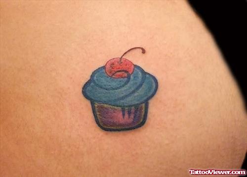 Tiny Cup Cake And Cherry Tattoo