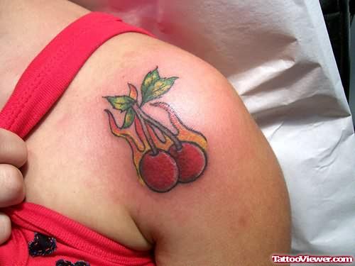 Flaming Cherry Tattoo On Shoulder