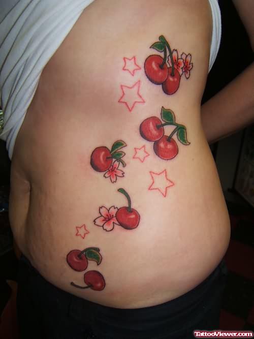 Red Cherry Tattoos On Rib