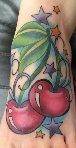 Fruit Cherry Tattoo On Foot