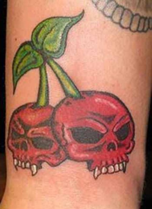 Skull Face Cherries Tattoo Design Idea