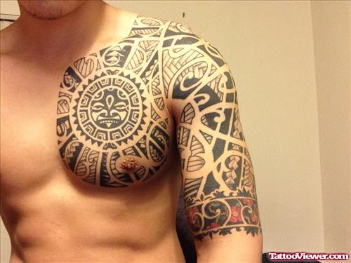 Black Ink Maori Chest Tattoo For Men