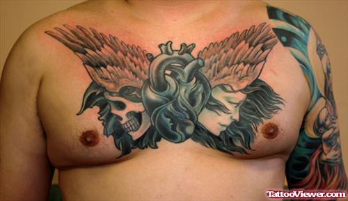 Winged Human Heart Chest Tattoo