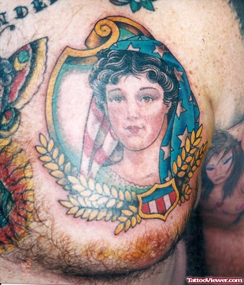 Patriotic Girl Color Ink Chest Tattoo