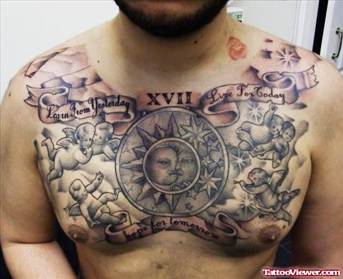 Grey Ink Sun And Moon With Cherub Angels Chest Tattoo