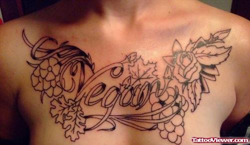 Grey Ink Grapes And Rose Flower Chest Tattoo