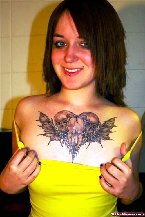 Devil Winged Bull Skull Grey Ink Chest Tattoo For Girls