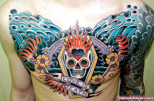 Colored Coffin skull And Floral Chest Tattoo