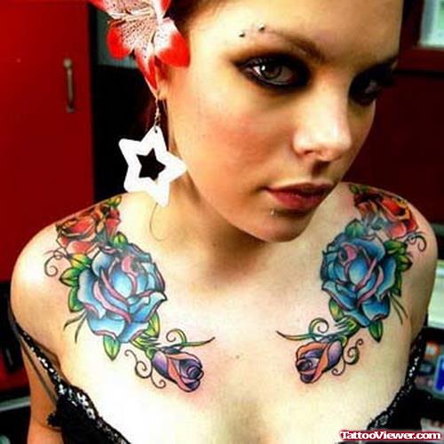 Blue Ink Rose Flowers Chest Tattoo For Girls