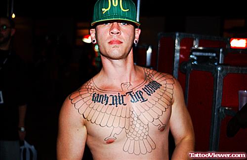 Outline Eagle And Ambigram Chest Tattoo