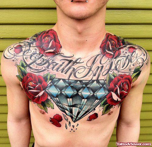 Large Diamond with Rose Flowers And Banner Chest Tattoo