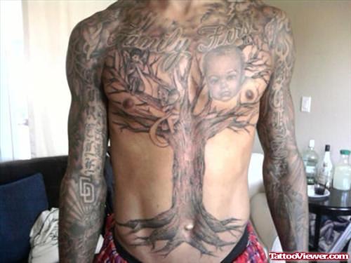 Grey Ink Large Tree Chest Tattoo For Men