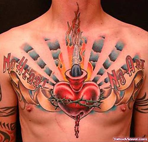 Burning Heart Chest Tattoo For Men