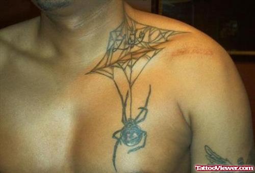 Spider And Web Chest Tattoo