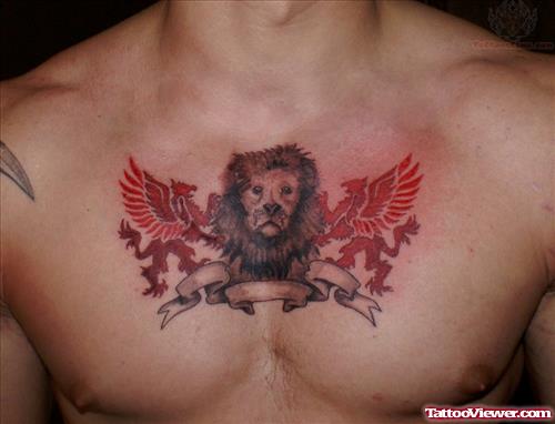 Lion Head And Griffins Chest Tattoo For Men
