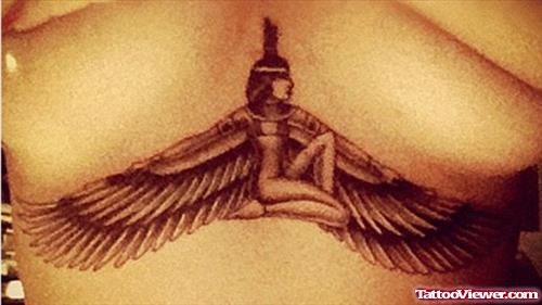 Large Winged Girl Rihanna Chest Tattoo