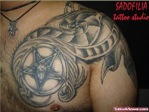 Grey Ink Star Satan Chest Tattoo