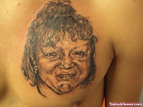 Grey Ink Grandmother Portrait Chest Tattoo