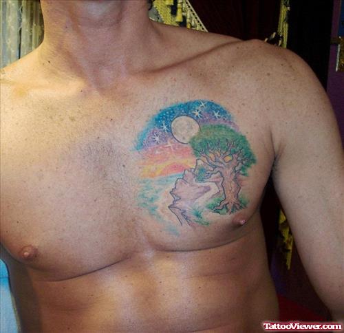 Awesome Colored Tree and Sun Chest Tattoo
