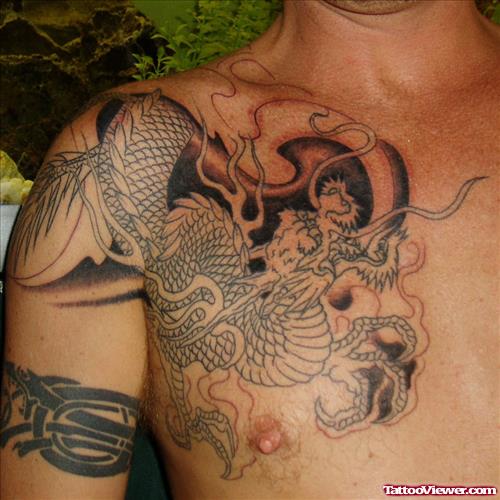 Grey Ink Dragon Chest Tattoo For Men