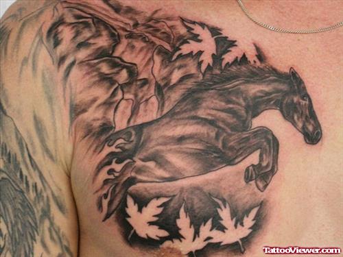 Grey Ink Jumping Horse Chest Tattoo