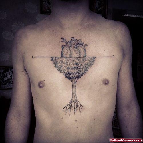 Grey ink Heart And Tree Chest Tattoo