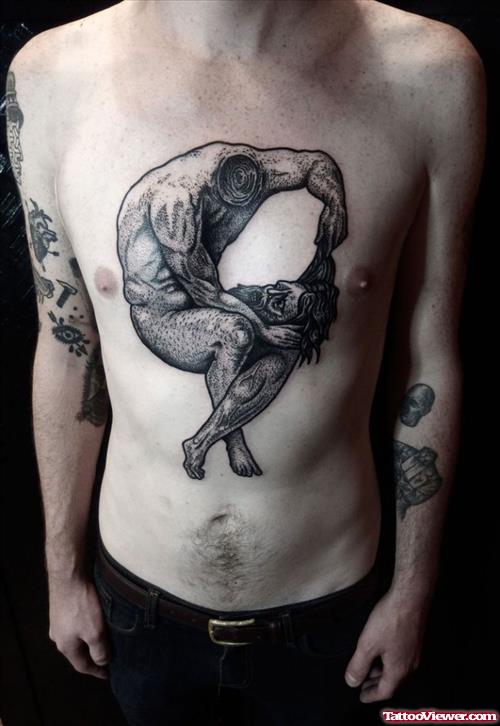 Grey Ink Amazing Devil Chest Tattoo
