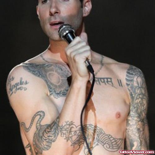 Grey Ink Adam Levine Chest Tattoo