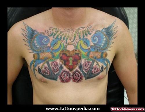 Traditional Stay True - Flying Swallow With Anchor, Red Roses And Lock Heart Chest Tattoo