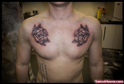 Grey Ink Rose Flowers Chest Tattoo