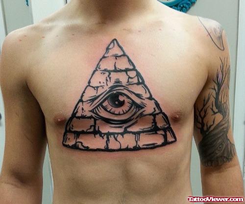 Grey Ink Pyramid Eye Chest Tattoo For Men