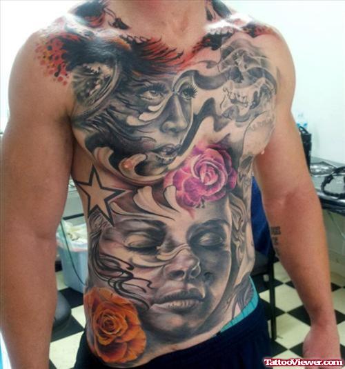 Color Flowers And Girl Head Chest Tattoo