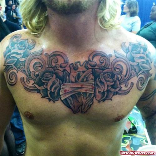 Grey Ink Heart And Rose Flowers Chest Tattoo For Men