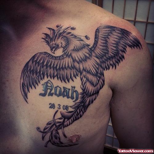 Grey Ink Flying Phoenix Chest Tattoo